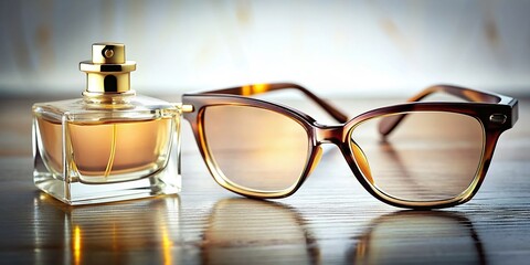 A stylish pair of glasses reflecting a glistening perfume bottle, showcasing elegance and curiosity, perfume, bottle, stylish, glasses, reflection,material, fashion, beauty, elegant, curiosity