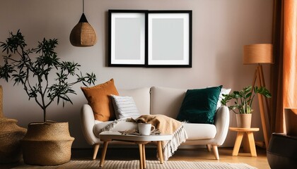 stylish modern room interior, poster mockup with white frame on interior wall background, comfortable relaxation place at home.