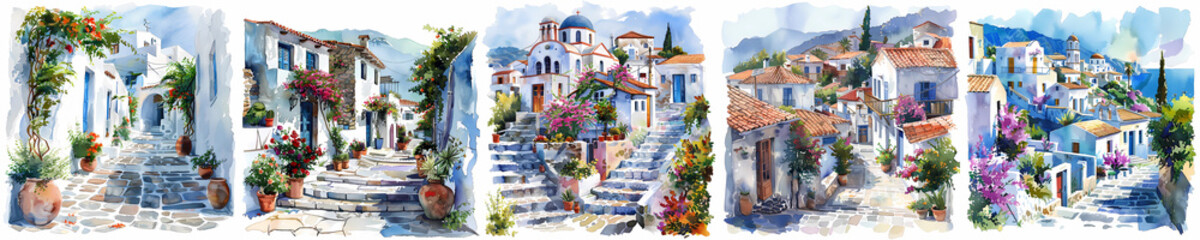 Set of greek village watercolor Illustration, generated ai