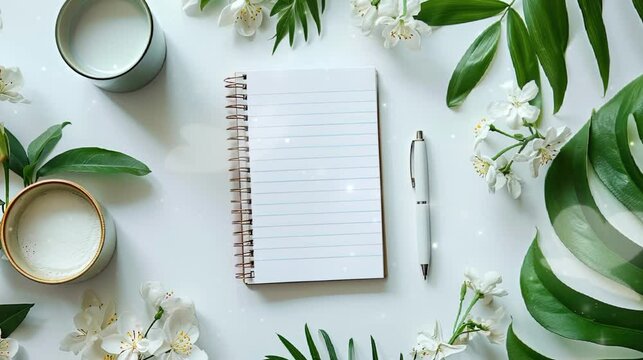 Blank note and pen with leave and flowers frame in white table, space for text