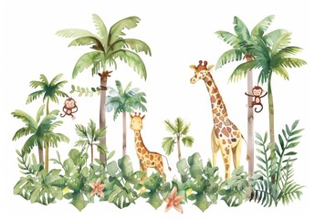 An African watercolor artwork with giraffes, monkeys, zebras, palm trees, flowers. Safari wild creatures. Tropical jungle design for a nursery.