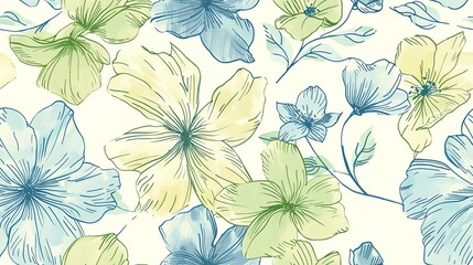 Charming hand-drawn floral pattern in soft pastel green and blue, seamless design