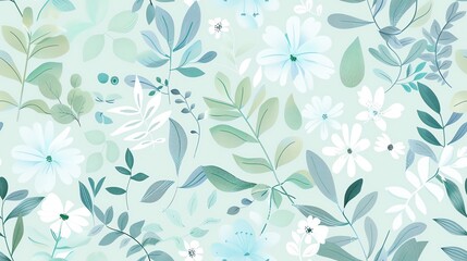 Fototapeta premium Elegant hand-drawn flora in soft pastel green and blue, seamless pattern design