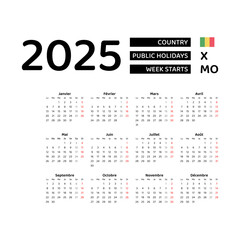 Mali Calendar 2025. Week starts from Monday. Vector graphic design. French language.