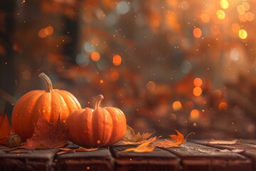  A wooden table adorned with orange autumn pumpkins and scattered leaves, set against a backdrop of bokeh lights and blurred dark brown interior, evokes an impressionist's touch.