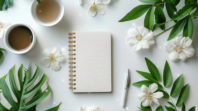 Blank note and pen with leave and flowers frame in white table, space for text