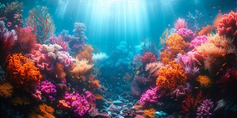 Fototapeta premium The sun shines through the water, illuminating a vibrant coral reef