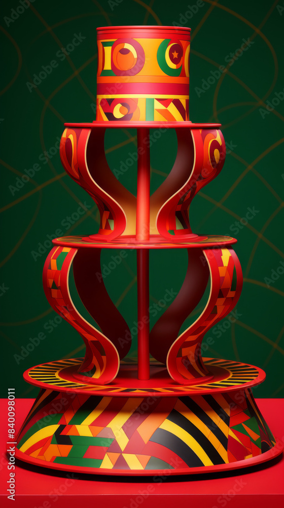 Poster a tall red structure with a green background
