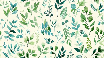 Seamless pastel pattern featuring hand-drawn flora in green and blue shades