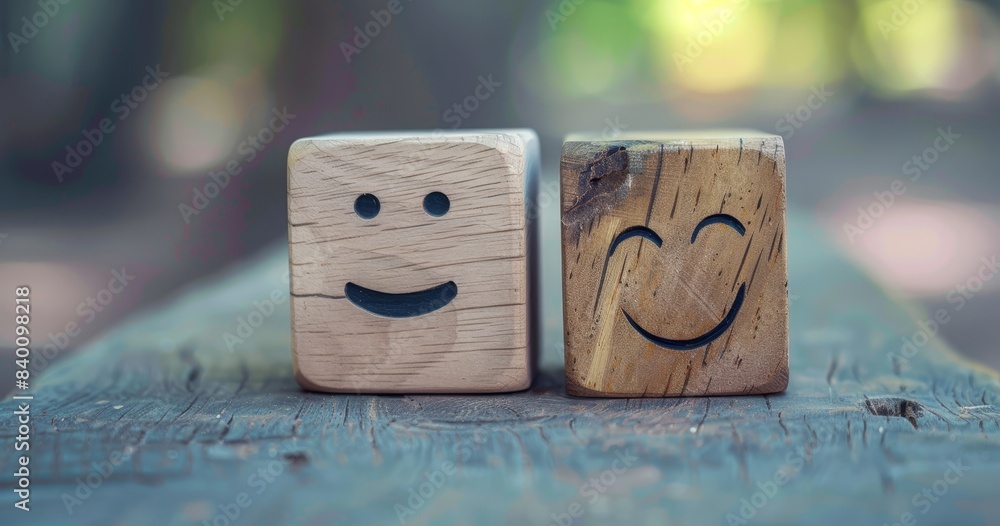 Poster the concept of evaluating customer service and satisfaction is shown in this wooden cube with a smil