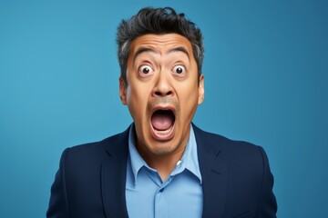 Man of East Asian descent, showing astonishment on a soft blue background