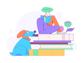 World Book Day Reading Character Flat Vector Concept Operation Hand Drawn Illustration
