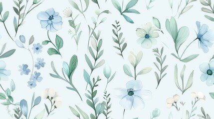 Fototapeta premium Soft pastel green and blue floral design, hand-drawn seamless pattern
