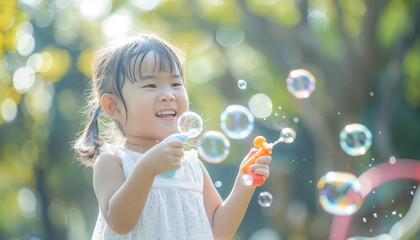 Bubble Fun: Adorable Asian Child Delights in Bubble Gun Play at the Park