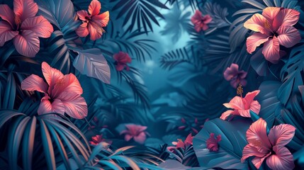 A vibrant tropical frame illustration, featuring neon glowing palm leaves and exotic flowers, perfect for adding a tropical touch to designs.