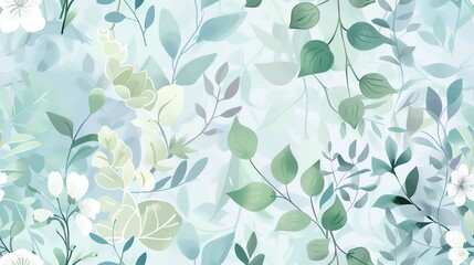 Fototapeta premium Charming hand-drawn flora in soft pastel green and blue, seamless pattern