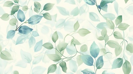 Charming hand-drawn flora in soft pastel green and blue, seamless pattern