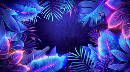 A decorative frame illustration with neon accents and tropical leaf silhouettes, perfect for adding a touch of elegance to invitations, posters, and more.