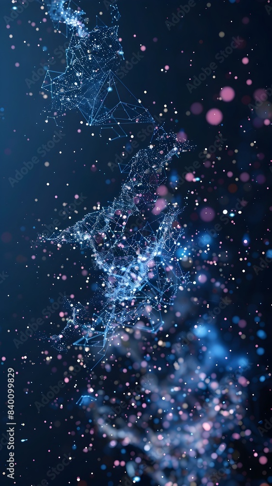 Poster captivating digital particles swirling and morphing into ethereal high tech shapes against a mesmeri