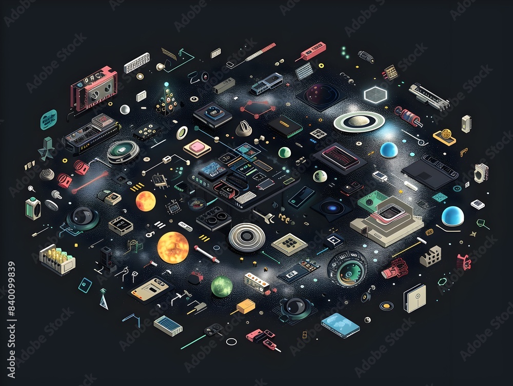Poster depicting a futuristic tech galaxy a digital universe composed of various electronic devices gadgets
