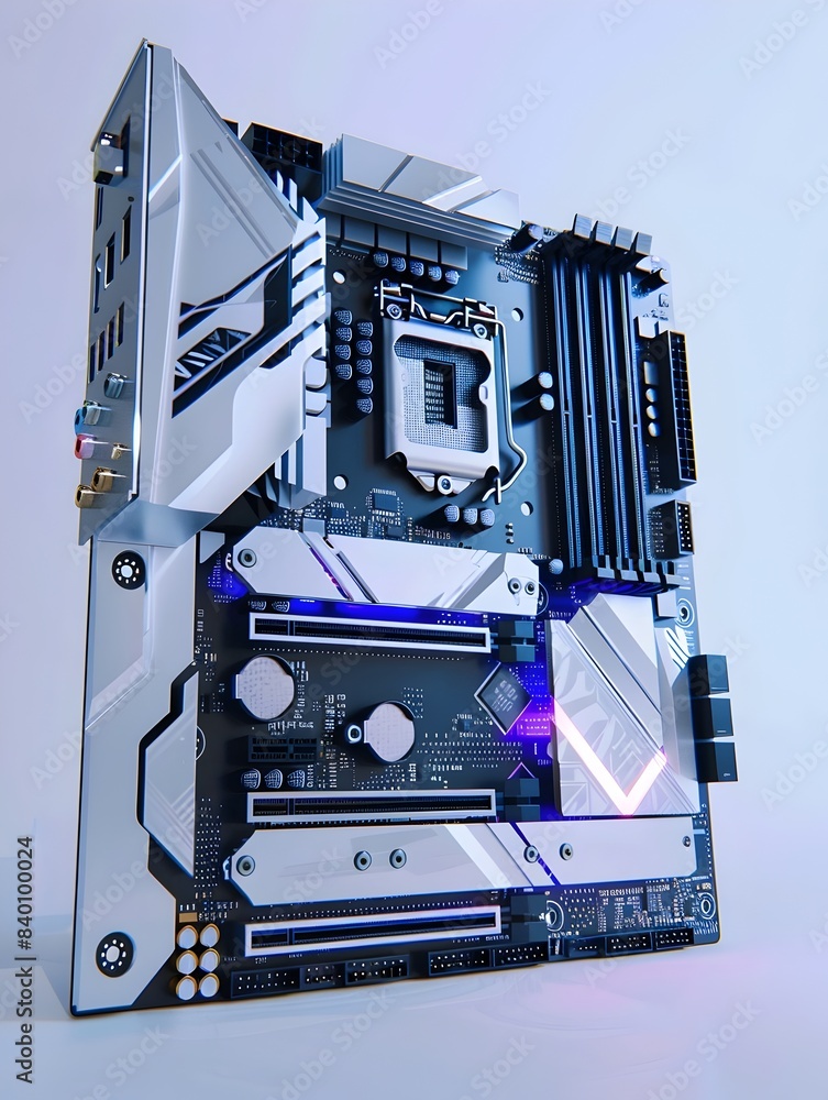 Poster a 3d rendered image of an abstract and stylized computer motherboard design featuring a futuristic i