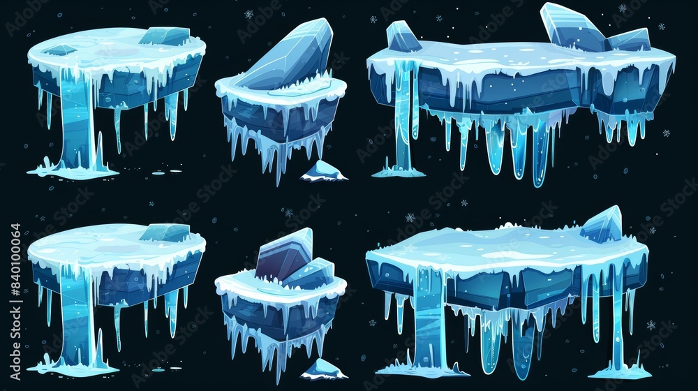 Poster modern illustration of a frozen floating platform for a 2d arcade videogame ui. various textures in 