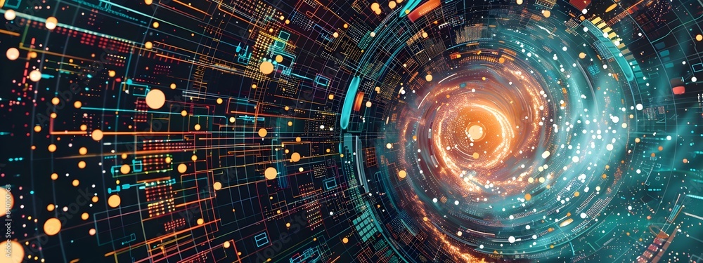 Poster swirling spirals of digital elements data and energy in a visually striking representing the tech dr