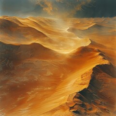 The artwork depicts a desert landscape with towering mountains in the distance