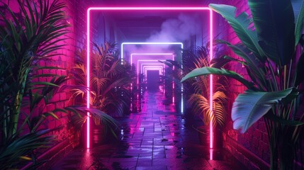A neon frame encloses a tropical oasis, with vibrant plants and neon accents adding a modern and stylish touch to the natural setting.