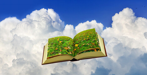 A book with lush green grass and flowers as pages floats in the sky, surrounded by puffy white...