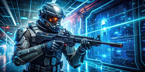 Futuristic cyber soldier defending against cyberattack , technology, artificial intelligence, robot, futuristic, defense, cybersecurity, invasion, warfare, protection, digital, security