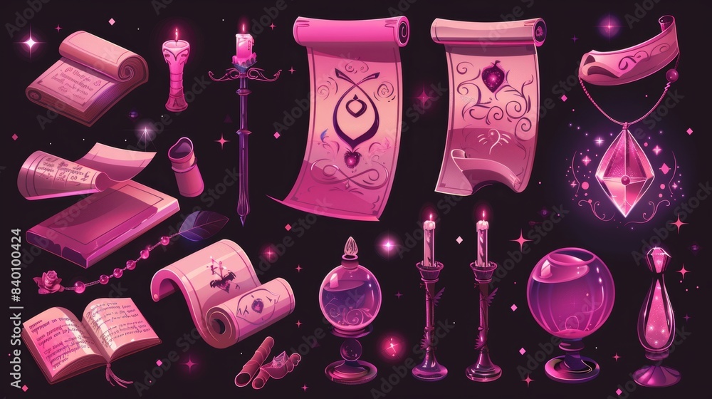 Aufkleber cartoon game icon with old parchment scroll and magic book ui. map with medieval wizard and fantasy 