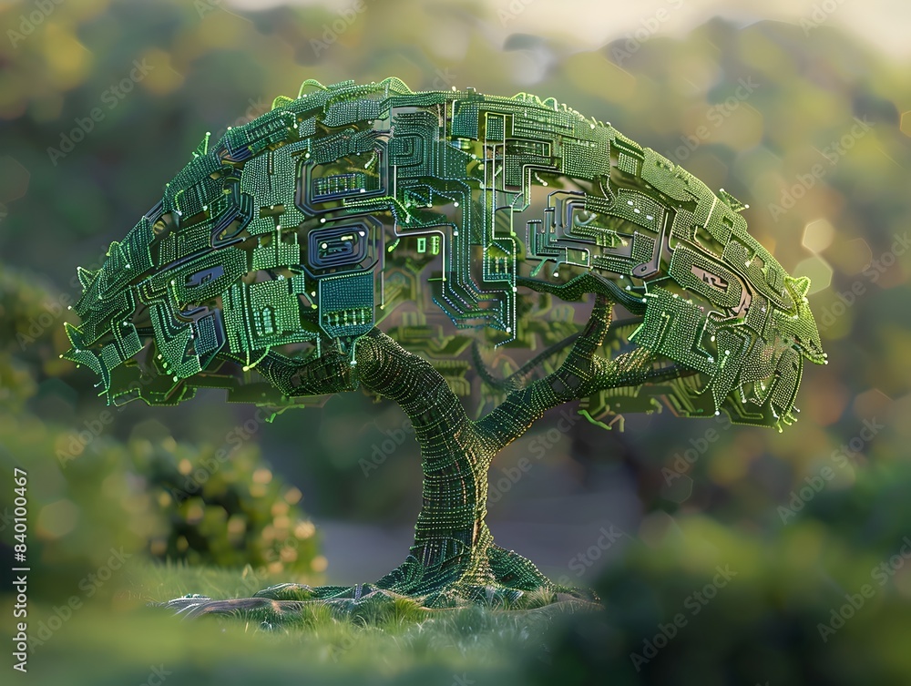 Poster technological tree a 3d rendered depicting a tree formed entirely from intricate circuit patterns sy