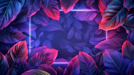 A neon frame encloses a collection of neon leaves, with neon lights illuminating the scene. This illustration combines nature and technology for a unique and eye-catching design.