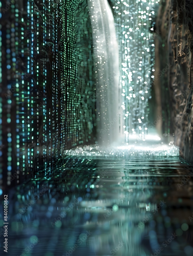 Poster a mesmerizing 3d visualization of a waterfall composed of shimmering digital data streams glowing te