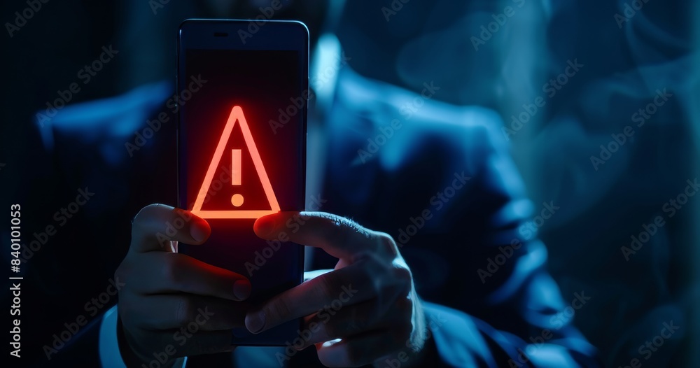 Poster warning sign indicates a potential error with digital technology. symbol exclamation, indicates syst