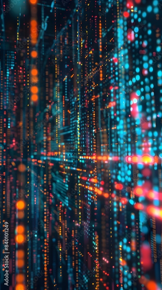 Poster 3d rendering of a futuristic digital code visualization featuring an abstract matrix of data pixels 