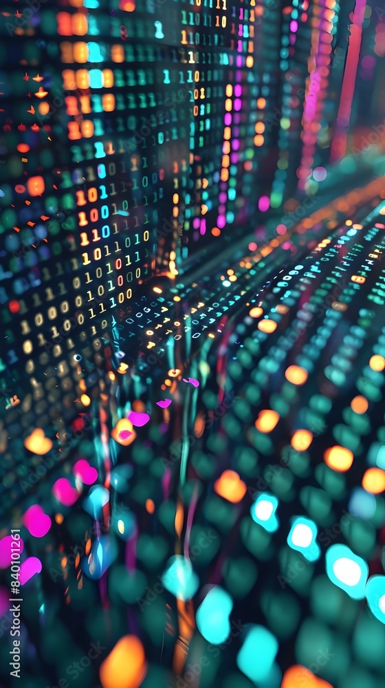 Poster 3d rendered representation of digital code and binary data in a vibrant colorful and luminous abstra