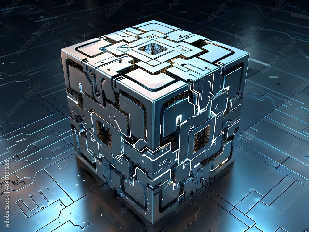 Poster a captivating 3d rendered image depicting a futuristic technological cube with intricate digital pat