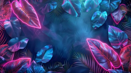 Obraz premium A border of neon lights mimicking the shapes of leaves adds a whimsical and magical touch to your design. Perfect for projects that need a dreamy and enchanting aesthetic.