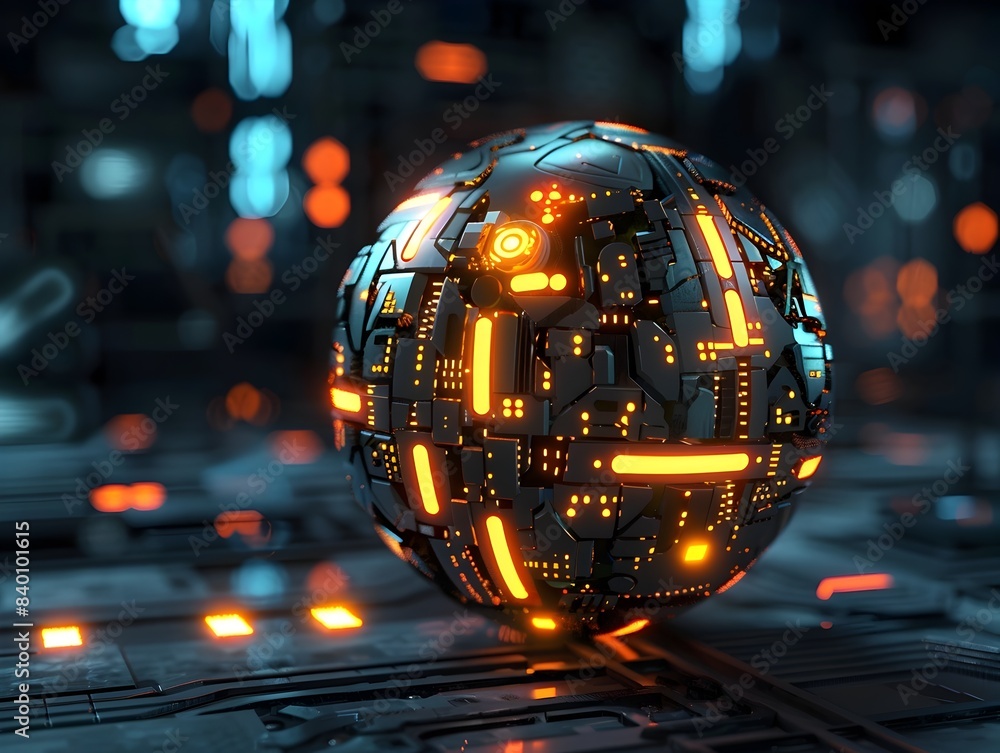 Poster glowing tech sphere a futuristic 3d rendered digital orb made of illuminated circuit parts data sign