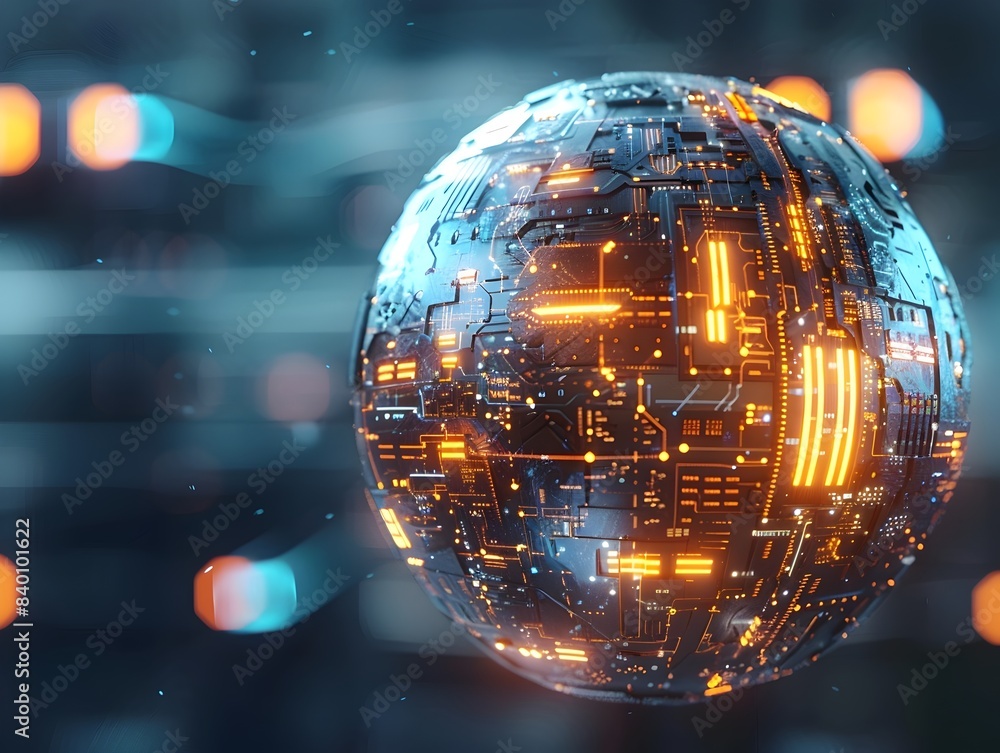 Poster glowing tech sphere a futuristic digital globe made of intricate circuit patterns illuminated pixels