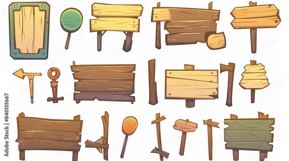 Aufkleber animated wood signboard with arrow or rope. arrow pointer and signboard label set. direction plaque 