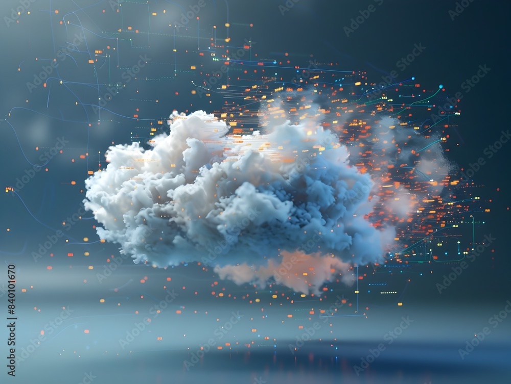 Poster digitally rendered abstract data cloud with flowing digital elements particles and information swirl