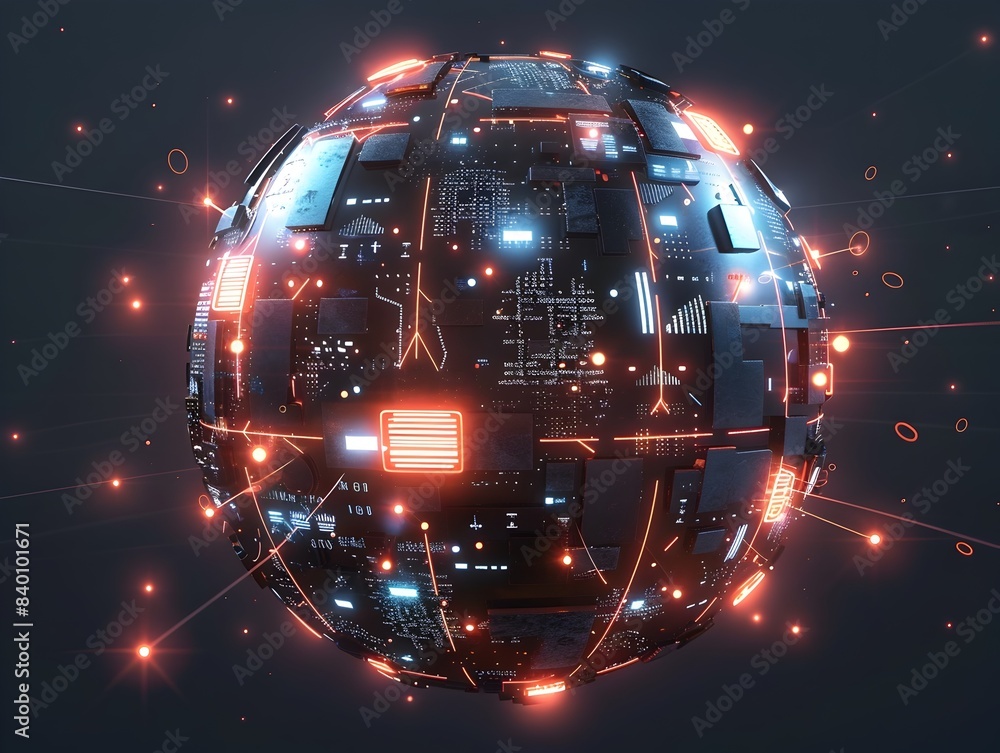 Poster glowing digital sphere made of futuristic technological elements and circuits visualizing the concep