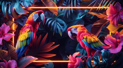 Obraz premium An eye-catching design of a neon frame showcasing a tropical paradise, with vibrant birds and lush foliage creating a lively and colorful scene.