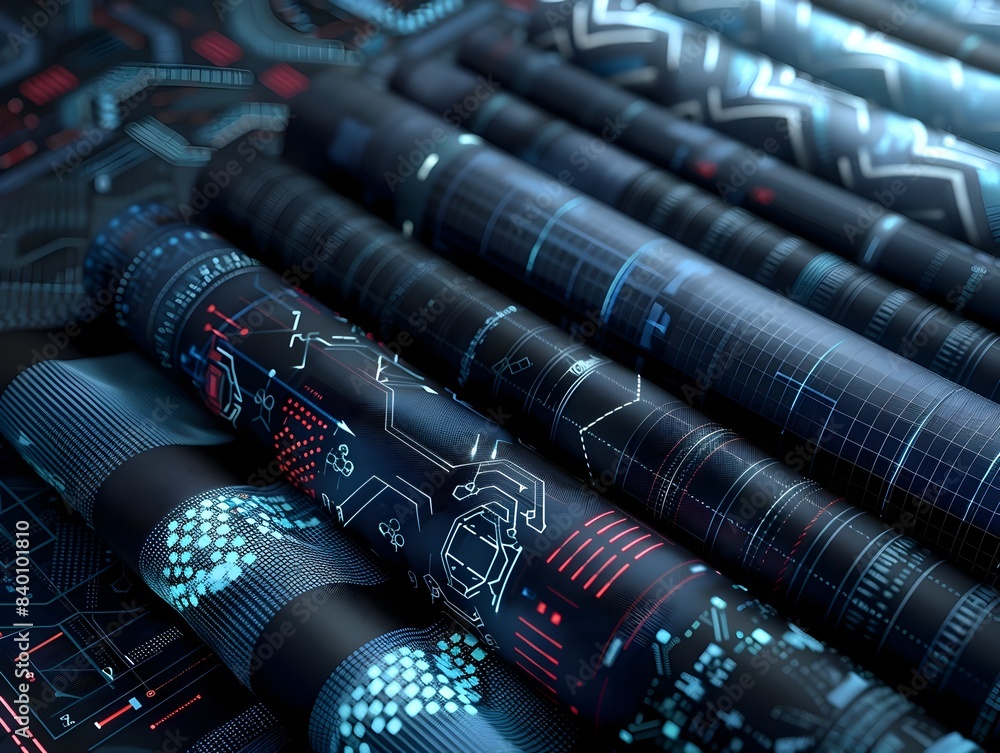  intricate tech fabric patterns with dynamic digital designs in a futuristic 3d rendering showcasing 
