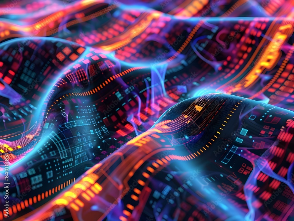 Poster visually captivating digital fabric with intricate futuristic fabric like patterns and technological