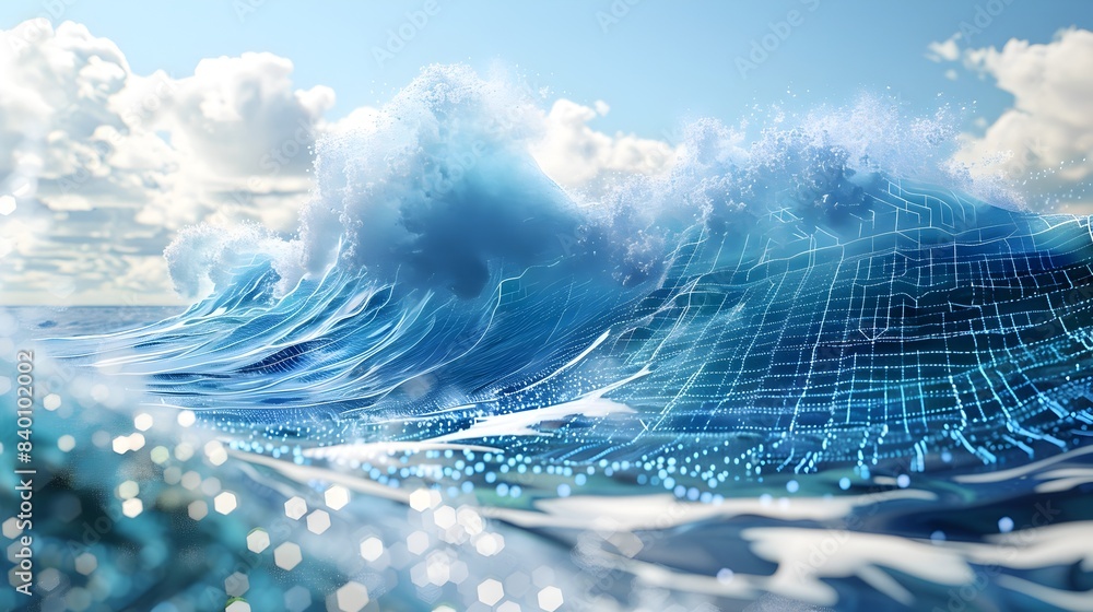 Poster surging digital ocean waves with abstract patterns 3d rendered dynamic oceanic artwork featuring flu