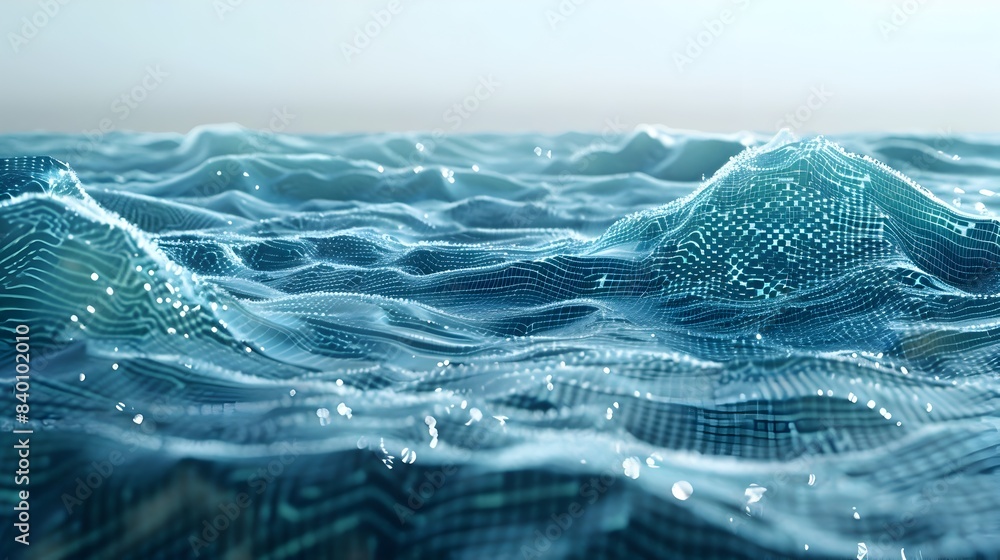 Poster captivating 3d rendered scene of dynamic digital ocean waves with shimmering procedural patterns gli